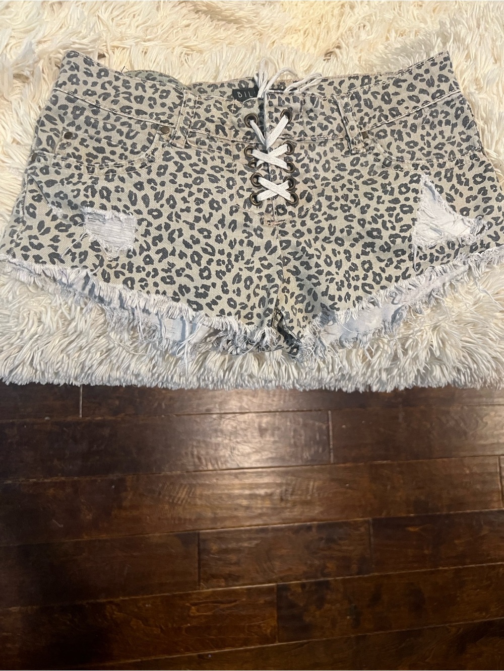 Billabong Lite Hearted Leopard Print Lace Up Distressed Denim Shorts Size 25